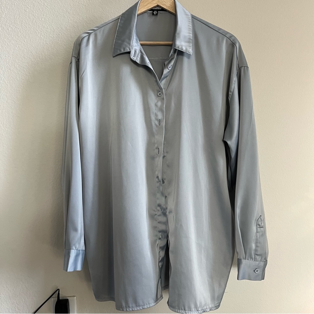 Misguided Silver Blue Silky Oversized Button Up